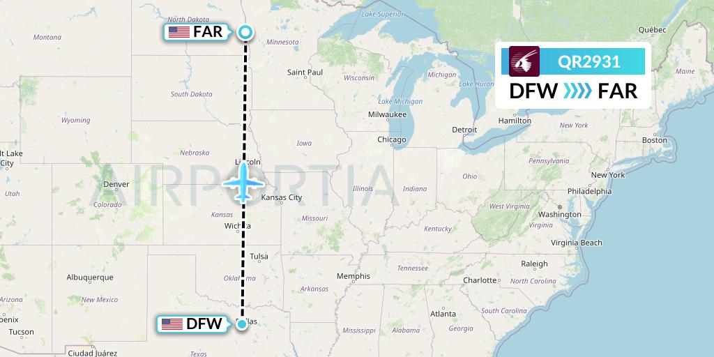 QR2931 Qatar Airways Flight Map: Dallas to Fargo