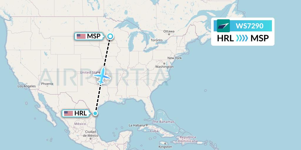 WS7290 WestJet Flight Map: Harlingen to Minneapolis