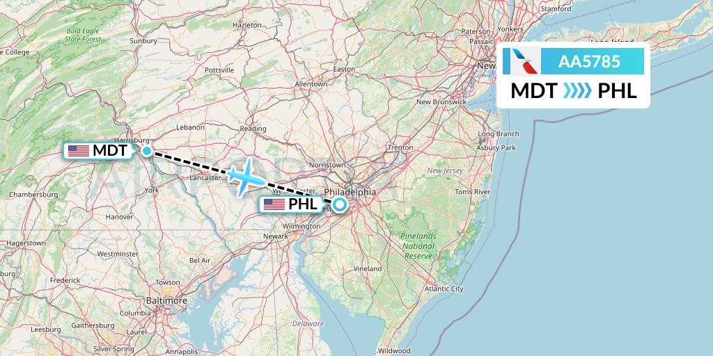 AA5785 American Airlines Flight Map: Harrisburg to Philadelphia