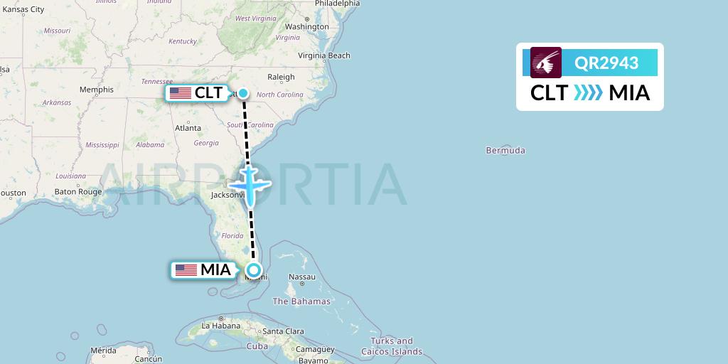 QR2943 Qatar Airways Flight Map: Charlotte to Miami