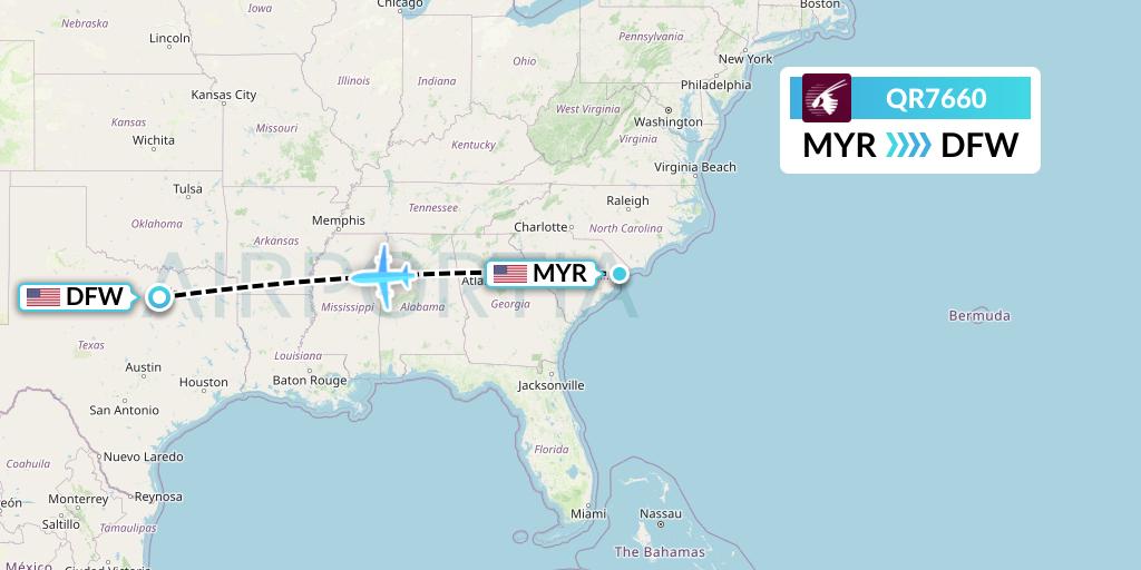 QR7660 Qatar Airways Flight Map: Myrtle Beach to Dallas