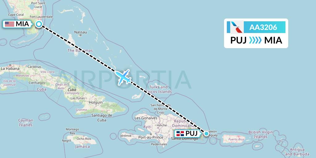 AA3206 American Airlines Flight Map: Punta Cana to Miami