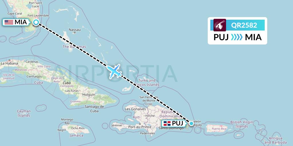 QR2582 Qatar Airways Flight Map: Punta Cana to Miami