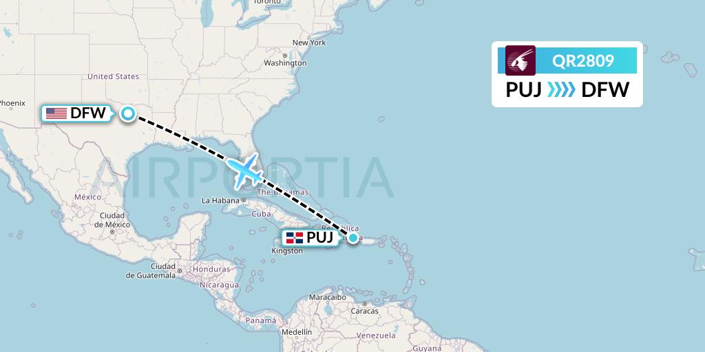 QR2809 Qatar Airways Flight Map: Punta Cana to Dallas