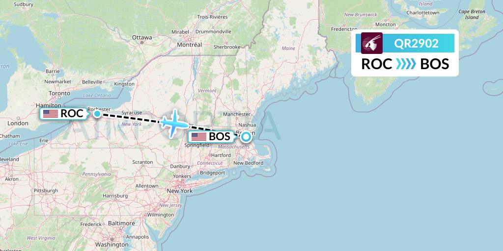 QR2902 Qatar Airways Flight Map: Rochester to Boston