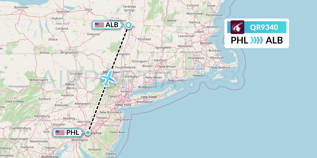 QR9340 Qatar Airways Flight Map: Philadelphia to Albany