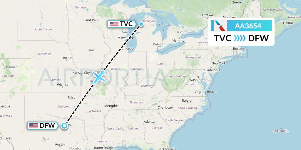 AA3654 American Airlines Flight Map: Traverse City to Dallas