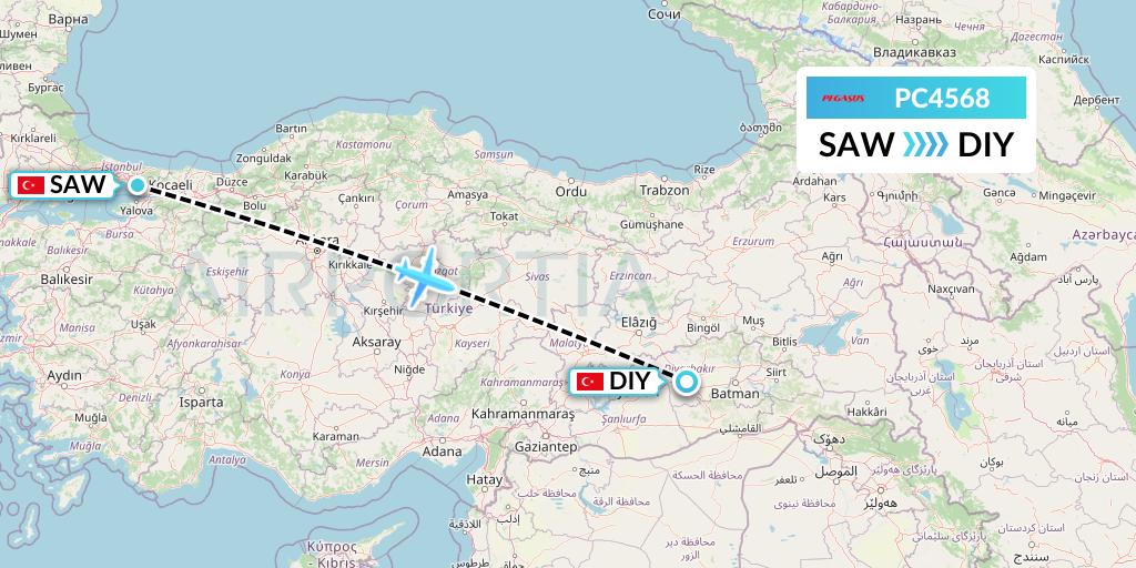 PC4568 Pegasus Airlines Flight Map: Istanbul to Diyarbakir
