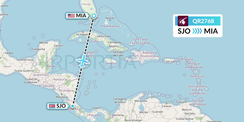 QR2768 Qatar Airways Flight Map: San Jose to Miami