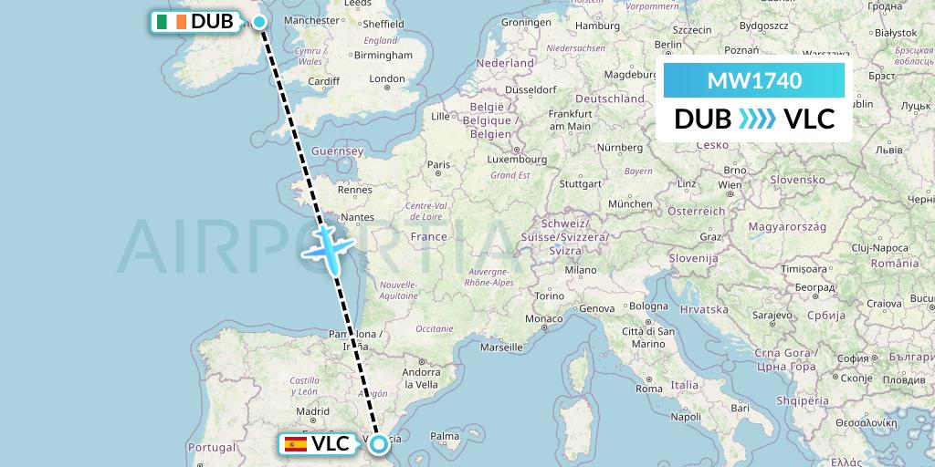 MW1740 Mokulele Flight Service Flight Map: Dublin to Valencia