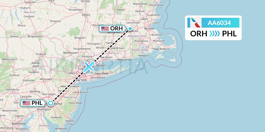 AA6034 American Airlines Flight Map: Worcester to Philadelphia