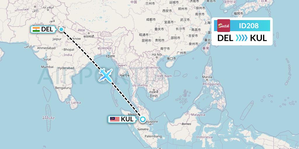 ID208 Batik Air Flight Map: Delhi to Kuala Lumpur