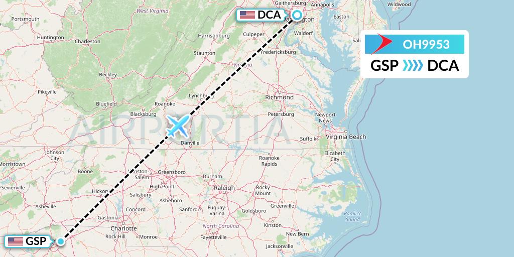 OH9953 PSA Airlines Flight Map: Greenville-Spartanburg to Washington