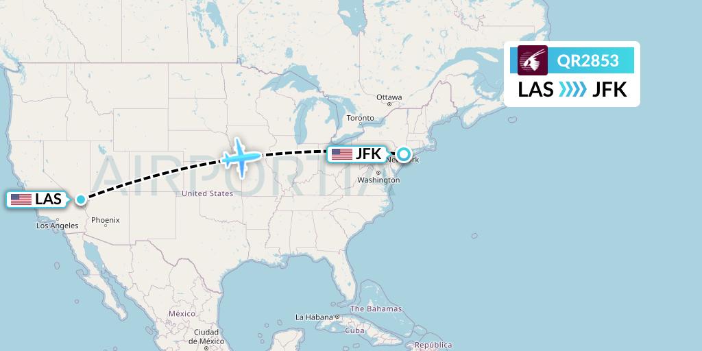 QR2853 Qatar Airways Flight Map: Las Vegas to New York