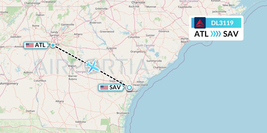 DL3119 Delta Air Lines Flight Map: Atlanta to Savannah