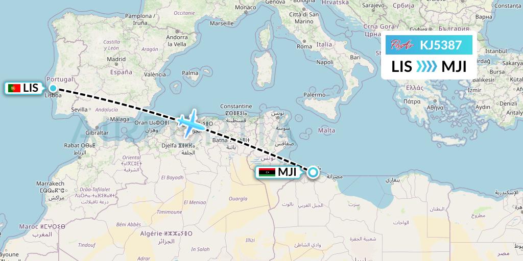 KJ5387 Air Incheon Flight Map: Lisbon to Tripoli