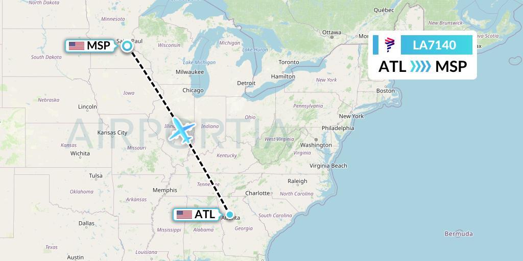 LA7140 LAN Airlines Flight Map: Atlanta to Minneapolis