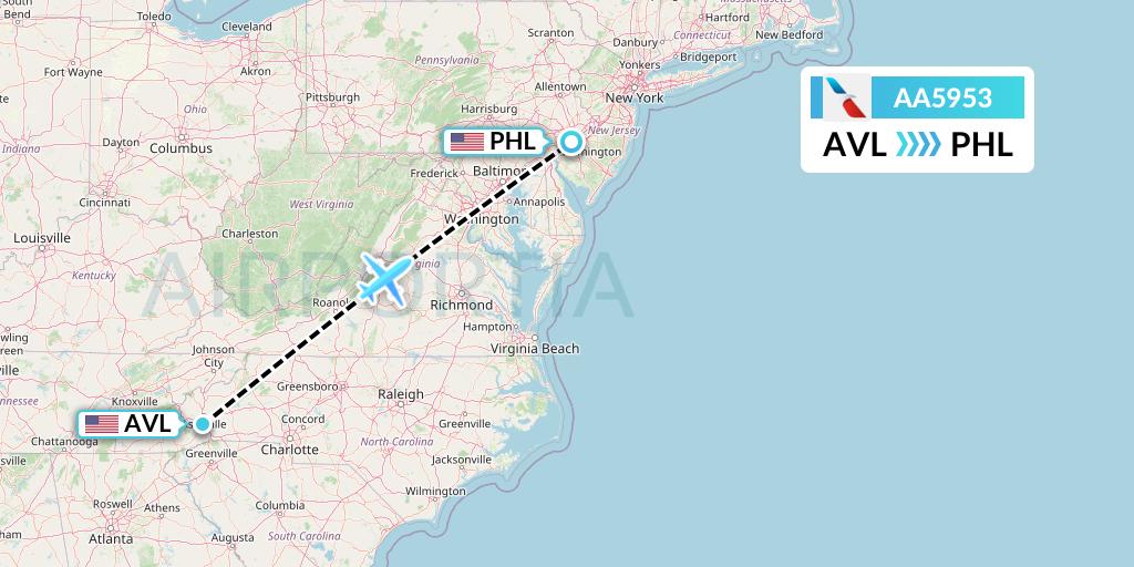 AA5953 American Airlines Flight Map: Asheville to Philadelphia