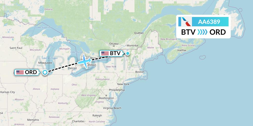 AA6389 American Airlines Flight Map: Burlington to Chicago