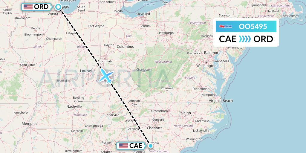 OO5495 SkyWest Airlines Flight Map: Columbia to Chicago