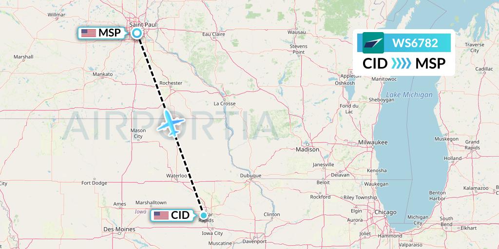 WS6782 WestJet Flight Map: Cedar Rapids to Minneapolis