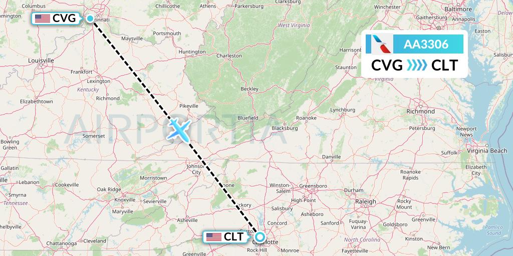 AA3306 American Airlines Flight Map: Cincinnati to Charlotte