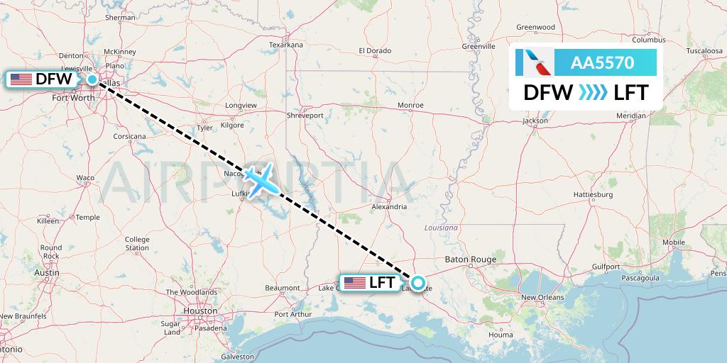 AA5570 American Airlines Flight Map: Dallas to Lafayette