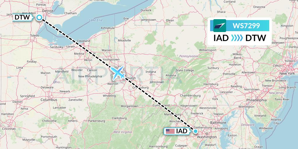 WS7299 WestJet Flight Map: Washington to Detroit