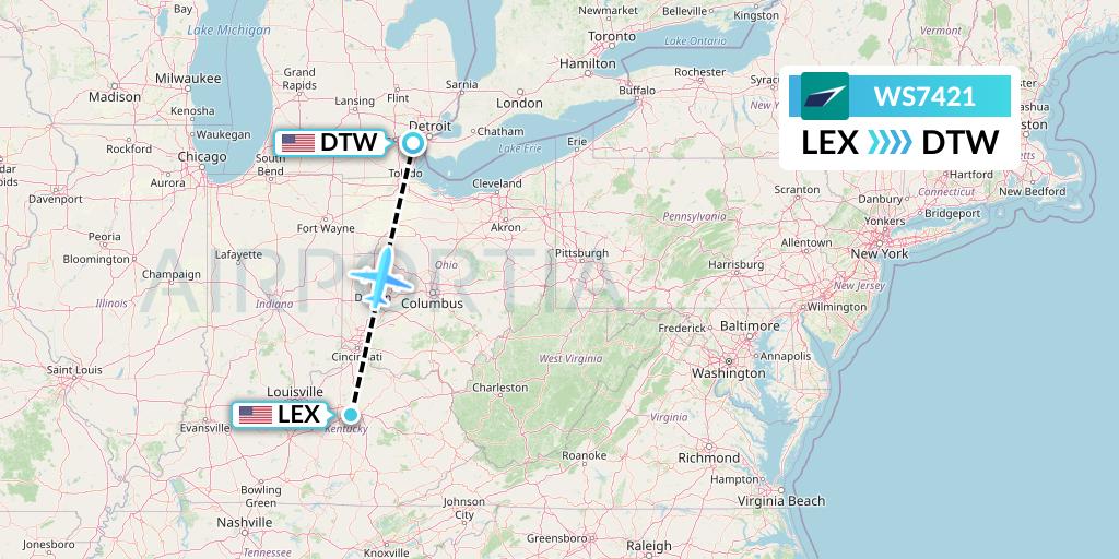 WS7421 WestJet Flight Map: Lexington to Detroit