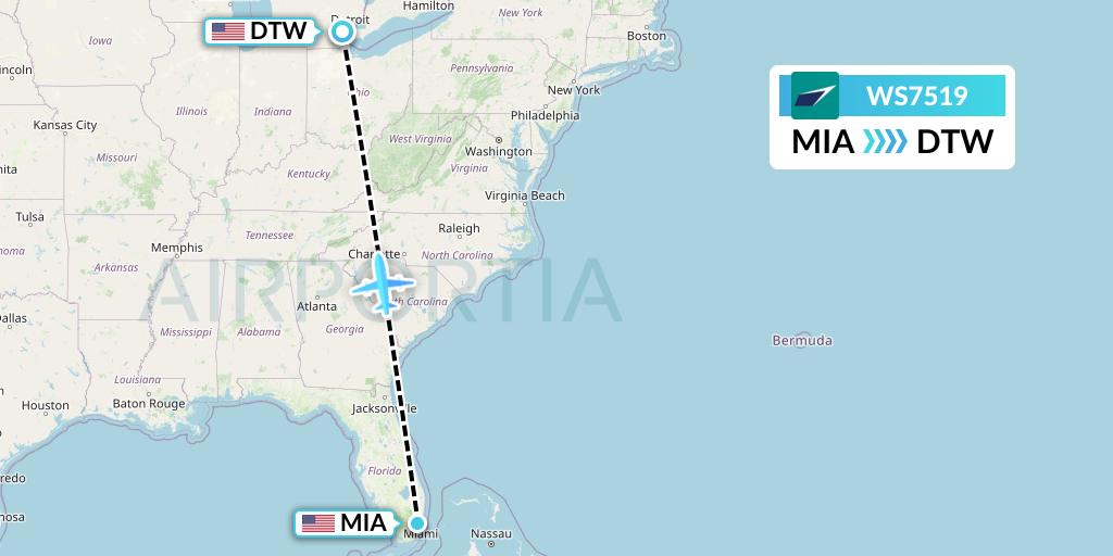 WS7519 WestJet Flight Map: Miami to Detroit