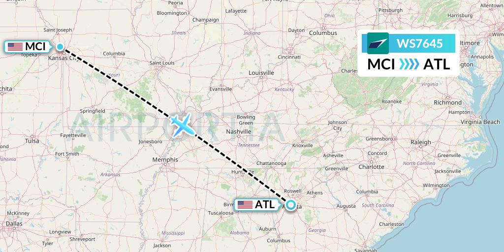 WS7645 WestJet Flight Map: Kansas City to Atlanta