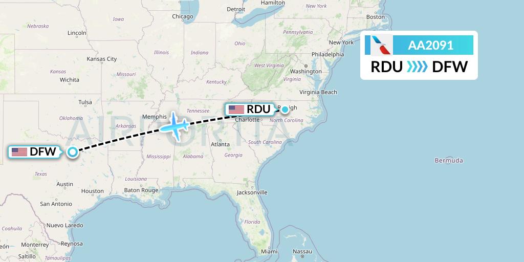 AA2091 American Airlines Flight Map: Raleigh-Durham to Dallas