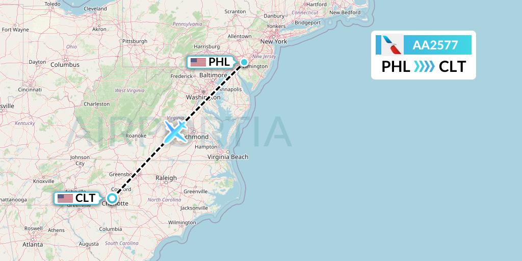 AA2577 American Airlines Flight Map: Philadelphia to Charlotte