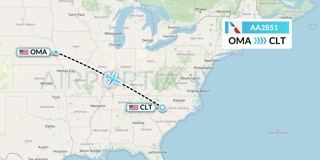 AA2851 American Airlines Flight Map: Omaha to Charlotte