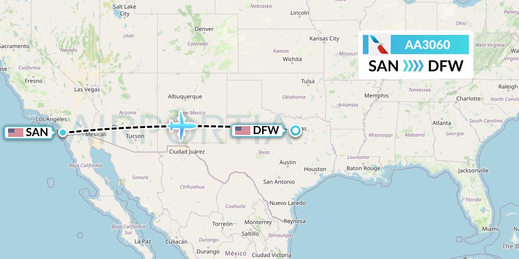 AA3060 American Airlines Flight Map: San Diego to Dallas