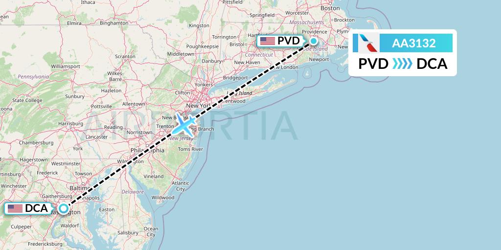 AA3132 American Airlines Flight Map: Providence to Washington