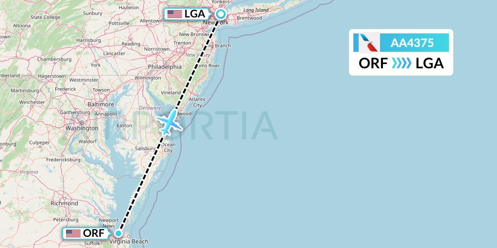 AA4375 American Airlines Flight Map: Norfolk to New York