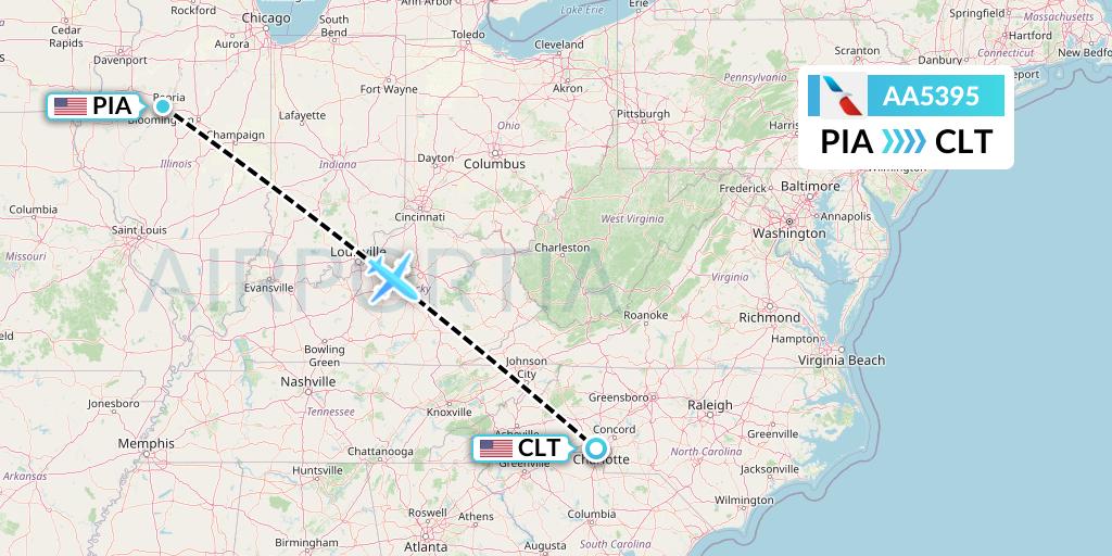 AA5395 American Airlines Flight Map: Peoria to Charlotte