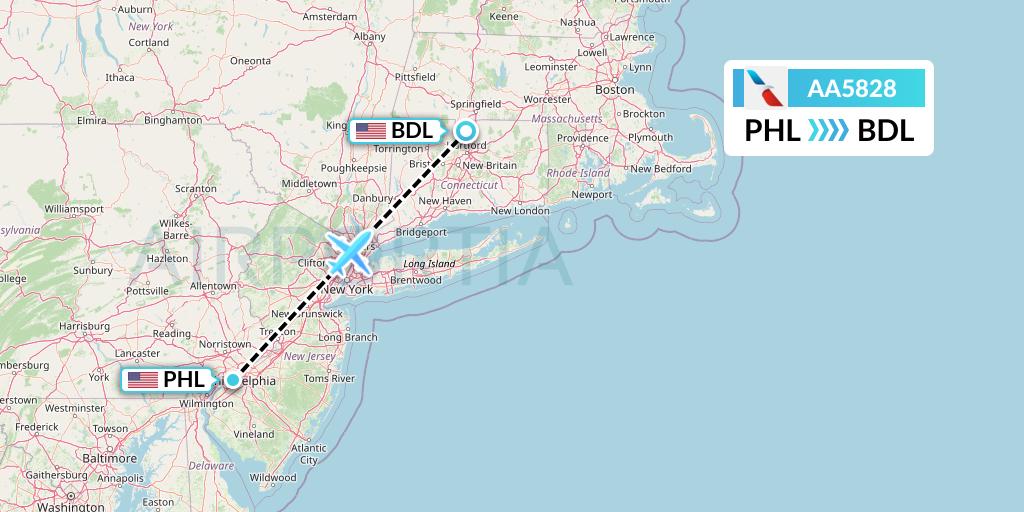 AA5828 American Airlines Flight Map: Philadelphia to Windsor Locks