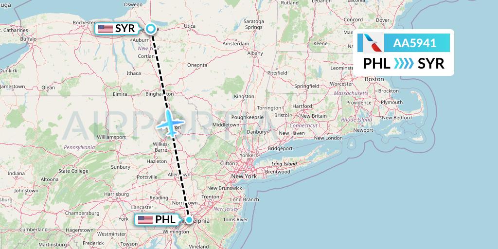 AA5941 American Airlines Flight Map: Philadelphia to Syracuse