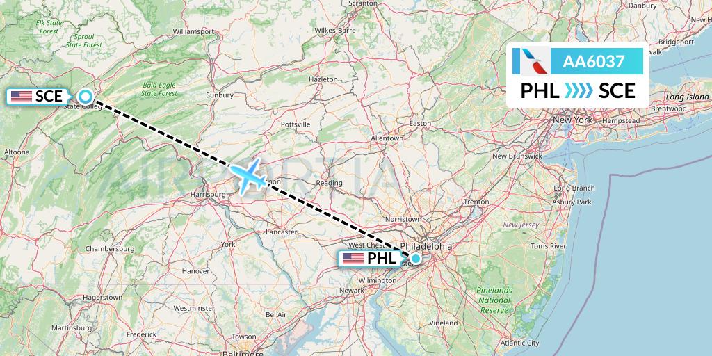 AA6037 American Airlines Flight Map: Philadelphia to State College