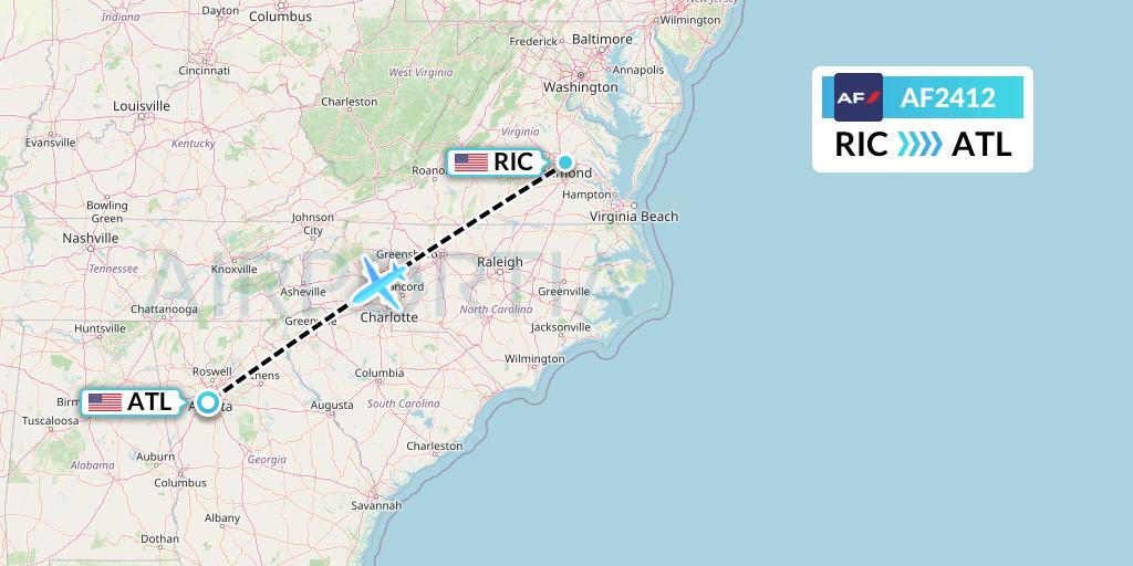 AF2412 Air France Flight Map: Richmond to Atlanta