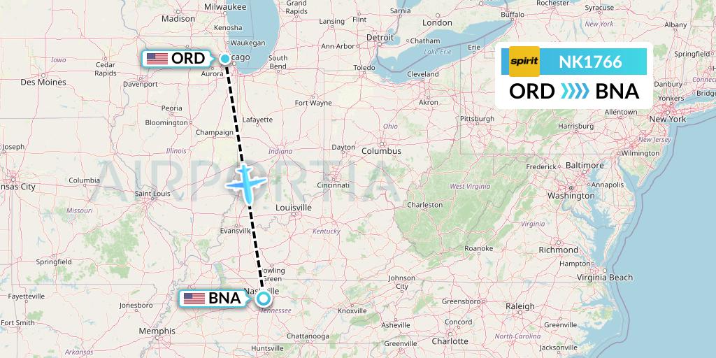 NK1766 Spirit Airlines Flight Map: Chicago to Nashville