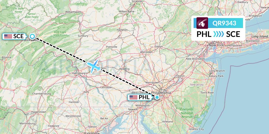 QR9343 Qatar Airways Flight Map: Philadelphia to State College