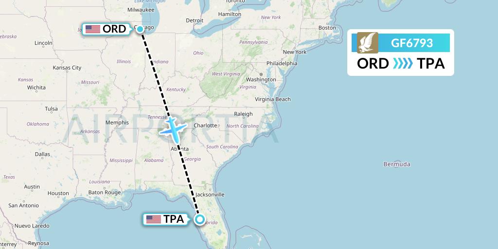 GF6793 Gulf Air Flight Map: Chicago to Tampa