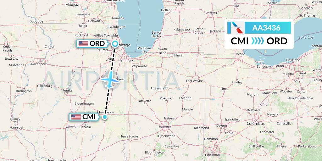 AA3436 American Airlines Flight Map: Champaign to Chicago