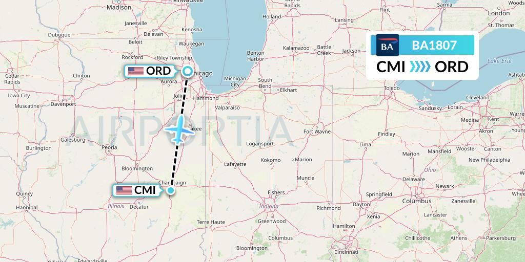 BA1807 British Airways Flight Map: Champaign to Chicago