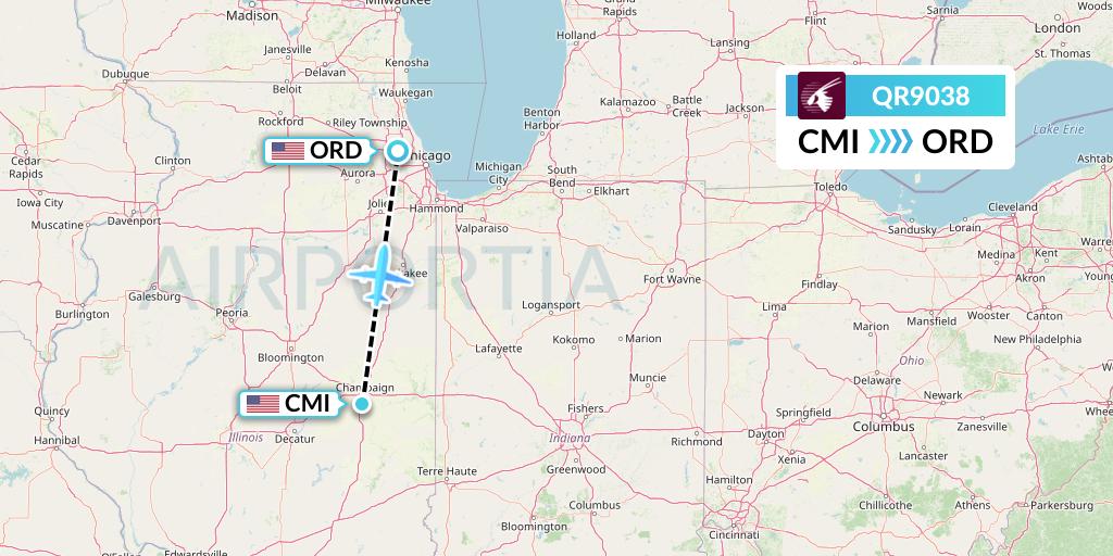 QR9038 Qatar Airways Flight Map: Champaign to Chicago