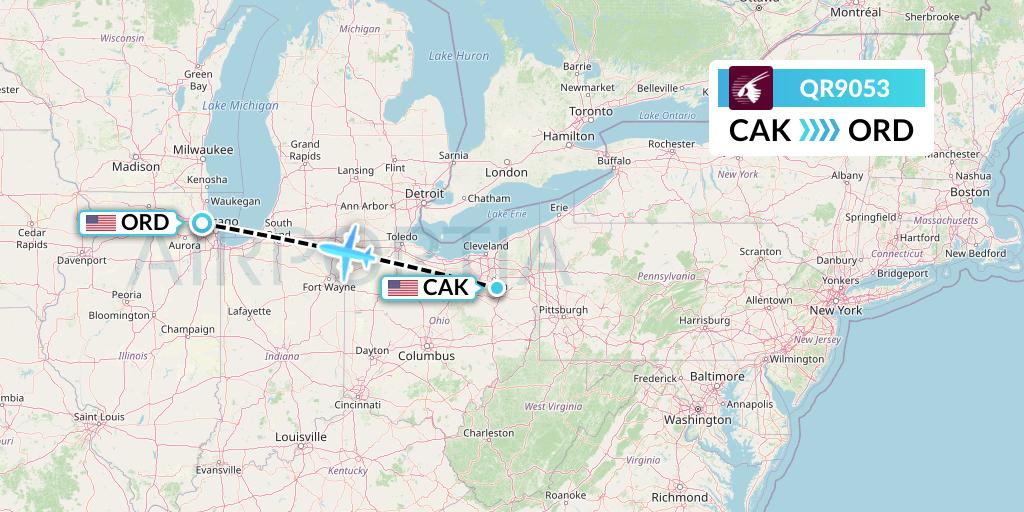 QR9053 Qatar Airways Flight Map: Akron to Chicago