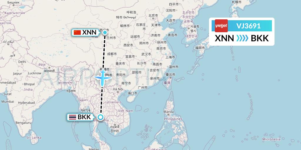 VJ3691 VietJet Air Flight Map: Xining to Bangkok
